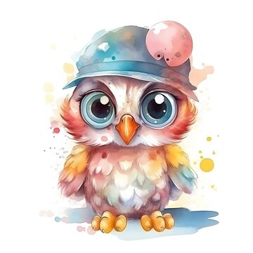 Cute oWL BABY, BEAUTIFUL big SHINING EYES ,HAPPY, dressed like mime , Watercolor Little Animals Clipart, COLORFUL