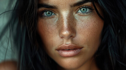 Extreme closeup of a gorgeous and glamorous model. A sun worshipper with a deep tan and piercing blue eyes.
