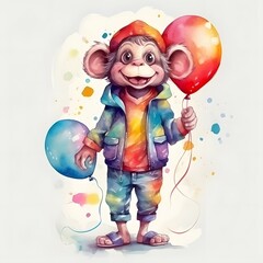 full body view OF cute birthday monkey in colorful pyjamas with converse high top trainers with the...