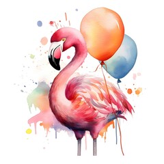 please create watercolor clipart of a flamingo, smiling, wearing party prop iteams, colorful