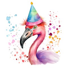please create watercolor clipart of a flamingo, smiling, wearing party prop glasses and party hat,...