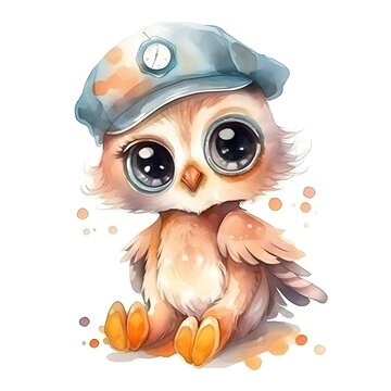 Cute oWL BABY, BEAUTIFUL big SHINING EYES ,HAPPY, dressed like nurse, Watercolor Little Animals Clipart, COLORFUL