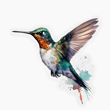 Cute hummingbird Watercolor, flying in air , full body view, HD 4K Detail, colorful -
