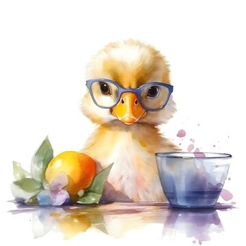 WATERCOLOR image of cute BABY DUCK WEARING GLASSES AND PASTEL GINGHAM, CITRUS FRUIT, PEEPING BEHIND OBJECT, WHITE BACKGROUND, 4K HD, colorful