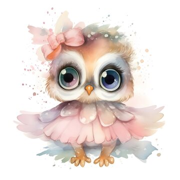 Cute oWL BABY, BEAUTIFUL big SHINING EYES ,HAPPY, dressed like ballerina with ballet shoes , Watercolor Little Animals Clipart, COLORFUL