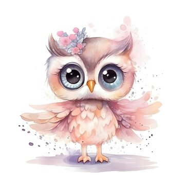 Cute oWL BABY, BEAUTIFUL big SHINING EYES ,HAPPY, dressed like ballerina with ballet shoes , Watercolor Little Animals Clipart, COLORFUL
