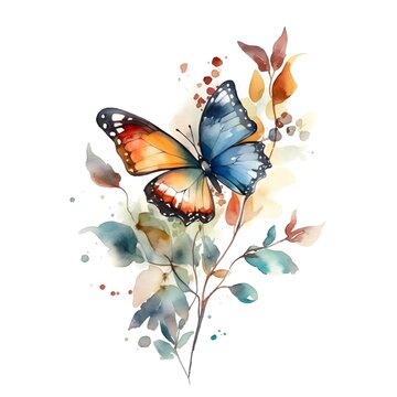 WATERCOLOR image of ADORABLE fantasy butterfly, leaves and branch, multi colorful , WHITE BACKGROUND, 4K HD