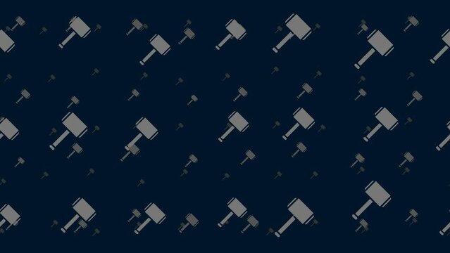Sledgehammer symbols float horizontally from left to right. Parallax fly effect. Floating symbols are located randomly. Seamless looped 4k animation on dark blue background