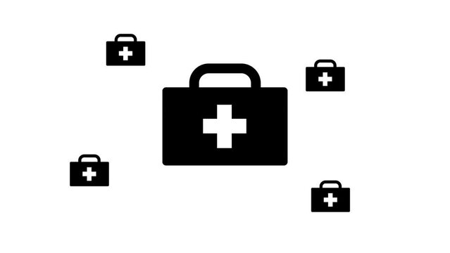 Zoom in and out animation the first aid symbol. Large black symbol in the center and four small symbols around. Seamless looped 4k animation on white background