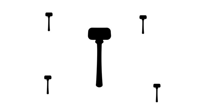 Zoom in and out animation the mallet symbol. Large black symbol in the center and four small symbols around. Seamless looped 4k animation on white background