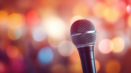 Closeup of a microphone with a vibrant stage and audience in the background.