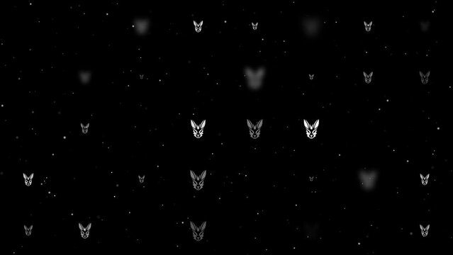 Template animation of evenly spaced hare's head symbols of different sizes and opacity. Animation of transparency and size. Seamless looped 4k animation on black background with stars