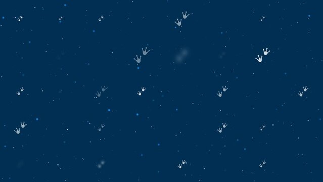 Template animation of evenly spaced frog tracks symbols of different sizes and opacity. Animation of transparency and size. Seamless looped 4k animation on dark blue background with stars