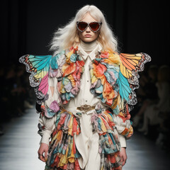 Obraz premium Fashion model wearing super creative clothes walks and posing on the runway