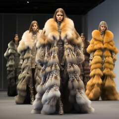 Fashion model wearing fur coat on grey background walks and posing on the runway