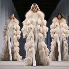 Fashion model wearing fur coat on grey background walks and posing on the runway
