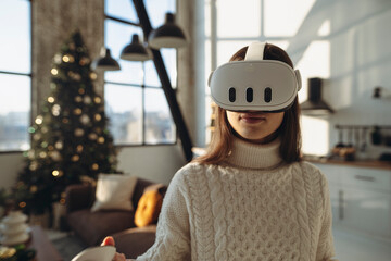 The beautiful girl in a virtual reality headset is expressing her experiences.