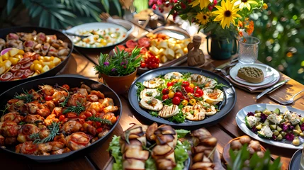 Fotobehang party table with typical food dishes © ginstudio