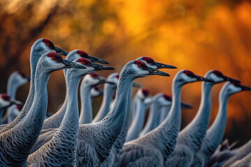 A flock of Sandhill Cranes during their fall migration. AI generative