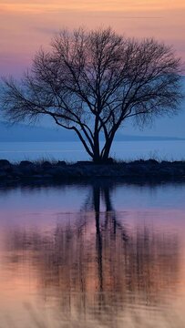 Vertical view of a single tree reflecting in Utah Lake during sunset as the water ripples.