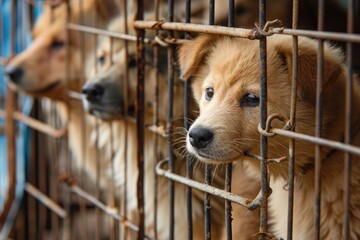 close up Sad large dogs caught in cage. Generative AI