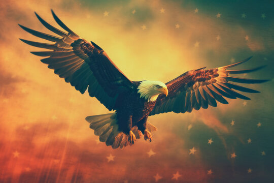 A bald eagle soars against a vintage American flag background. USA symbol, American Independence Day concept.