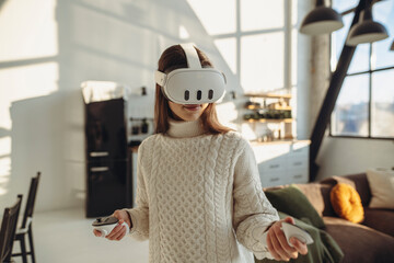 Sharing her virtual journey, a beautiful young woman in a VR headset expresses her impressions.