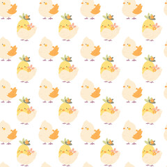 Seamless pattern of cute cartoon chickens. Funny yellow chickens in different poses, vector