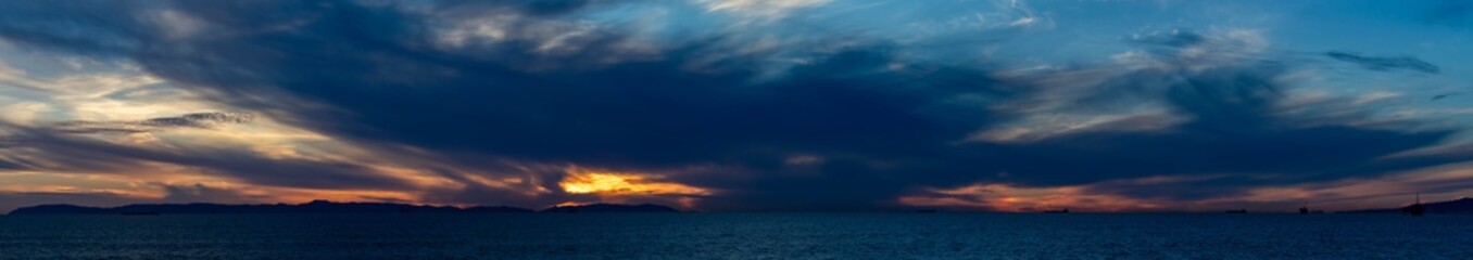 Extra Long Panorama of Dramatic Colored Cloudy Sunset Taken From End of Huntington Beach Pier in...