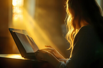 Praying woman opening a book on a laptop - obrazy, fototapety, plakaty