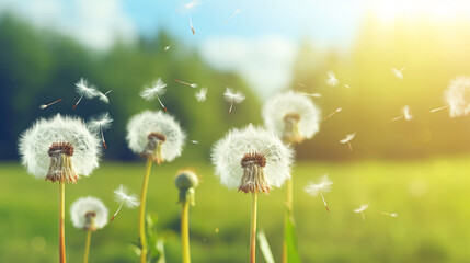 風で飛ぶたんぽぽの綿毛、春の野原の自然風景