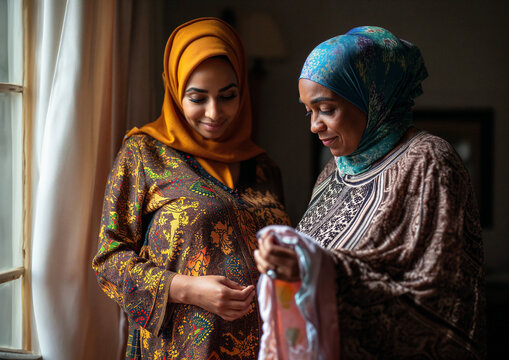 Pregnant Muslim woman and her grandmother in traditional clothing