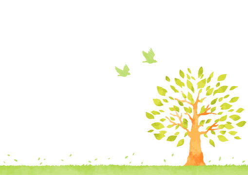 水彩の木と草原の風景イラスト