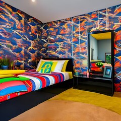 A retro-themed bedroom with vibrant colors and funky decor2
