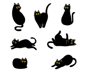 Set of black cats funny poses. lazy kitties clipart illustration. simple hand drawn design © George