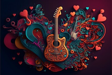 Music vibes concept, Colorful music notes and guitar strings