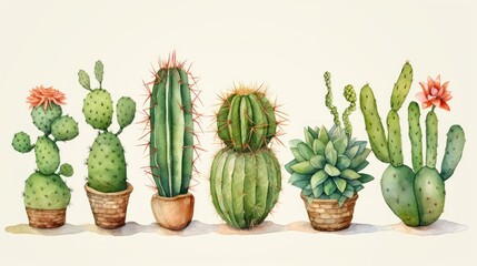 A watercolor style, minimal cartoon illustration of different cactuses, green, craft paper.
