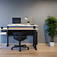 A contemporary office space with a standing desk and modern ergonomic chairs2