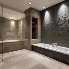A serene spa bathroom with a rain shower and natural stone elements2