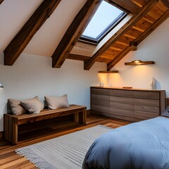 A cozy attic bedroom with slanted ceilings and skylights3