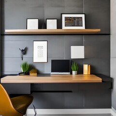A minimalist home office with a floating desk and wall-mounted shelves3