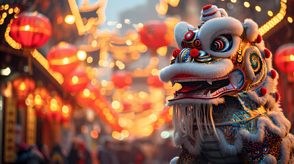 the giant lion dance statues that color the city