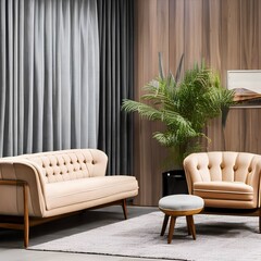A mid-century modern lounge area with iconic furniture pieces and retro accents3