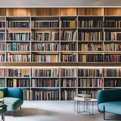 A modern library with floor-to-ceiling bookshelves and a cozy reading area1