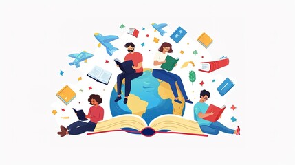 Obraz premium Literacy Day with People celebrate Literacy Day by reading books on the Earth. flat vector illustration. illustration vector isolated on white background. Generative by AI
