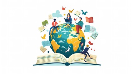 Literacy Day with People celebrate Literacy Day by reading books on the Earth. flat vector illustration. illustration vector isolated on white background. Generative by AI