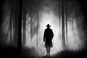 silouette of man with fedora hat and long coat walking in foggy forest - obrazy, fototapety, plakaty
