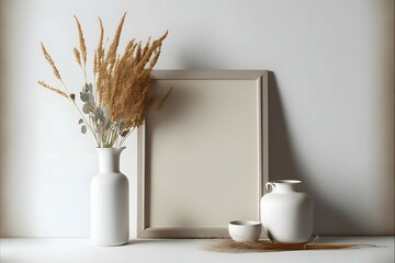 picture frame mockup and vase with dry plants,Beige linen tablecloth. White wall background. Scandinavian interior still life