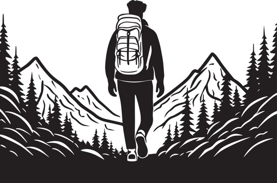 Man hiking on a trail with a backpack through the mountains illustration