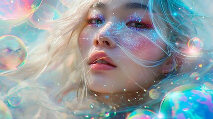 Shining Radiant Young Woman With Light Refracting, Bright Abstract Fashion.  (Generative AI).